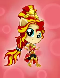 Size: 700x900 | Tagged: safe, artist:kittyprints91, derpibooru import, sunset shimmer, equestria girls, legend of everfree, alternate hairstyle, chibi, clothes, crystal guardian, cute, dress, looking at you, ponied up, shimmerbetes, smiling, solo