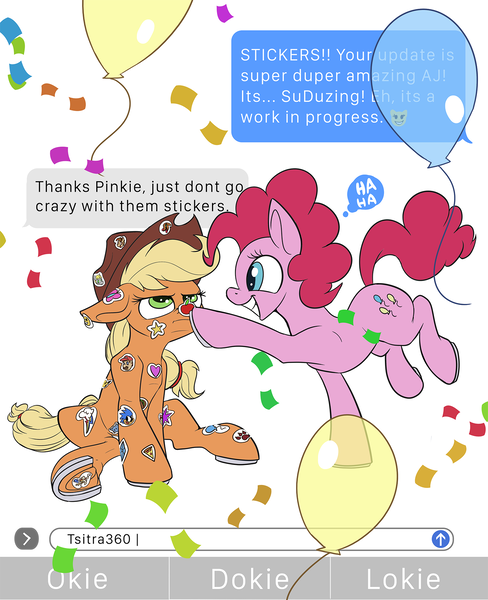 Size: 1500x1846 | Tagged: applejack, artist:tsitra360, balloon, cat, confetti, crossover, cutie mark, derpibooru import, discord, food, horseshoes, imessage, ios, ios 10, mario, meme, okie doki loki, paw prints, pikachu, pinkie pie, pizza, pokémon, safe, smiley face, sonic the hedgehog, sonic the hedgehog (series), sticker, super mario bros., taco, texts from ponies, waldo