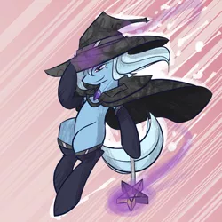 Size: 1000x1000 | Tagged: safe, artist:thattagen, derpibooru import, trixie, pony, unicorn, action pose, alternate universe, cloak, clothes, falling, female, hat, mare, newbie artist training grounds, smirk, socks, sockypockytwi, solo, tumblr, wand, witch, wizard hat