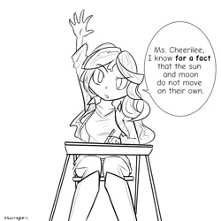 Size: 1000x1000 | Tagged: safe, artist:thattagen, derpibooru import, sunset shimmer, equestria girls, desk, dialogue, frown, newbie artist training grounds, raised arm, raised eyebrow, sassy, school, sitting, sockypockytwi, solo