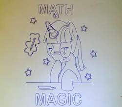 Size: 2514x2217 | Tagged: artist:liracrown, calculator, cnc, derpibooru import, glasses, messy mane, pencil, pen drawing, safe, shapeoko, text, tired, traditional art, twilight sparkle