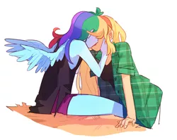 Size: 948x753 | Tagged: suggestive, artist:dusty-munji, derpibooru import, applejack, rainbow dash, human, appledash, female, humanized, kissing, lesbian, pony coloring, shipping, winged humanization