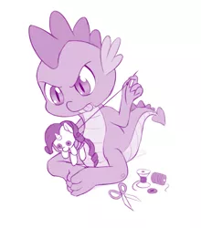 Size: 791x900 | Tagged: artist:dstears, claws, derpibooru import, fixing, monochrome, newbie artist training grounds, plushie, rarity, rarity plushie, safe, sewing, solo, spike