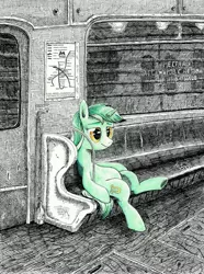 Size: 3438x4613 | Tagged: safe, artist:mcstalins, derpibooru import, lyra heartstrings, pony, unicorn, colored pencil drawing, metro, monochrome, neo noir, partial color, russia, russian, saint petersburg, sitting, sitting lyra, smiling, solo, style emulation, subway, traditional art, train