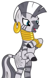 Size: 1959x3144 | Tagged: safe, artist:sketchmcreations, derpibooru import, zecora, pony, zebra, the fault in our cutie marks, bipedal, bracelet, ear piercing, earring, female, jewelry, neck rings, open mouth, piercing, rearing, simple background, standing, transparent background, vector