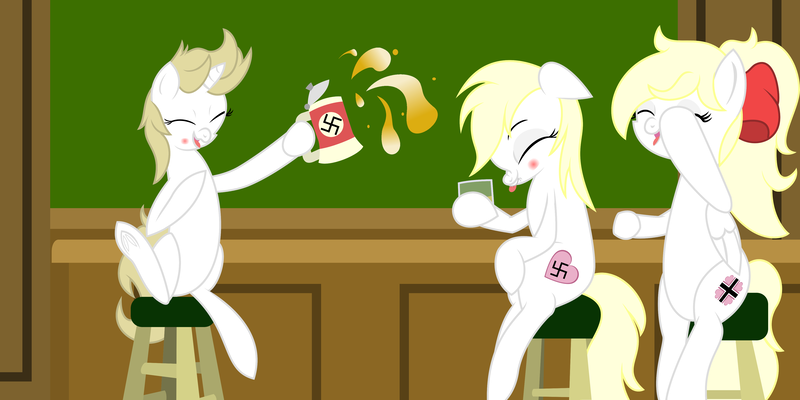 Size: 4320x2160 | Tagged: safe, artist:anonymousdrawfig, derpibooru import, oc, oc:aryanne, oc:franziska, oc:kyrie, unofficial characters only, earth pony, pegasus, pony, unicorn, 8chan, alcohol, aryan, aryan pony, beer, beer stein, blonde, blushing, booze, chair, cheers, chubby, cider, drunk, glass, hair bow, heart, heil, iron cross, laughing, nazi, nazipone, sitting, swastika, tavern