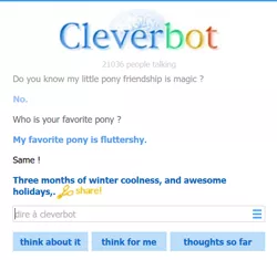 Size: 560x526 | Tagged: cleverbot, derpibooru import, fluttershy, ironic, meme, safe, text, text only