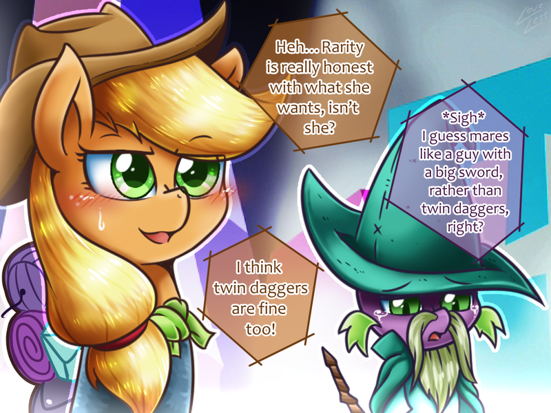 Size: 1333x1000 | Tagged: suggestive, artist:vavacung, derpibooru import, applejack, spike, dragon, pony, dungeons and discords, blushing, duo, female, garbuncle, implied applespike, innuendo, male, mare