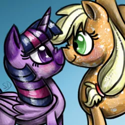 Size: 500x500 | Tagged: safe, artist:sallindaemon, derpibooru import, applejack, twilight sparkle, twilight sparkle (alicorn), alicorn, pony, alternate design, blushing, boop, dappled, eye contact, female, lesbian, looking at each other, mare, noseboop, shipping, smiling, twijack