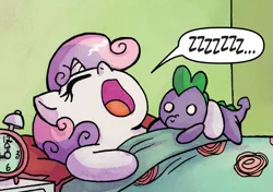 Size: 809x571 | Tagged: derpibooru import, idw, safe, sleeping, spike, spike plushie, sweetie belle, zzz