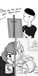 Size: 1584x3168 | Tagged: dead source, safe, artist:tjpones, derpibooru import, oc, oc:brownie bun, oc:richard, unofficial characters only, earth pony, human, pony, horse wife, beret, chips, comic, dialogue, draw me like one of your french girls, drawing, duckface, ear fluff, female, food, grayscale, human male, male, mare, monochrome, peanut butter, pose, tongue out