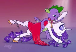 Size: 1978x1352 | Tagged: safe, artist:dubstepina, derpibooru import, rarity, spike, bowtie, clothes, dancing, dip, dress, high heels, male, red dress, shipping, sparity, straight