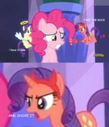 Size: 802x931 | Tagged: safe, derpibooru import, edit, edited screencap, screencap, pinkie pie, rarity, pony, the saddle row review, angel rarity, caption, comic sans, devil rarity, implied anal insertion, implied insertion, implied rock, need to pee, pokémon, pokémon the bridged series, potty time, tenso