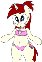 Size: 654x957 | Tagged: artist:an-tonio, artist:toyminator900, bandeau, bell, bell collar, belly button, bra, bra on pony, cat lingerie, chest fluff, clothes, collar, derpibooru import, freckles, frilly underwear, lingerie, oc, oc:silver draw, open mouth, panties, pink underwear, side knot underwear, suggestive, underwear, unofficial characters only