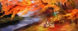 Size: 1500x600 | Tagged: applejack, artist:lya, autumn, colored, derpibooru import, digital art, enjoying, fluttershy, forest, group, happy, leaves, mane six, picnic, pinkie pie, rainbow dash, rarity, river, safe, scenery, tree, twilight sparkle