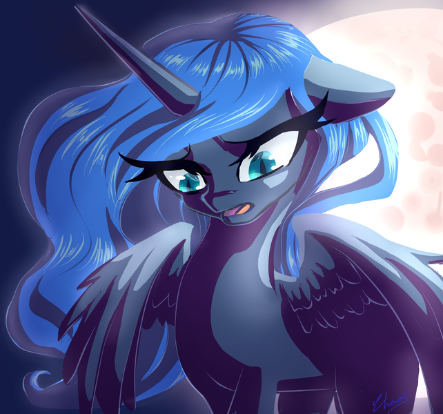 Size: 1518x1418 | Tagged: artist:chaosangeldesu, derpibooru import, floppy ears, moon, open mouth, princess luna, safe, solo, spread wings