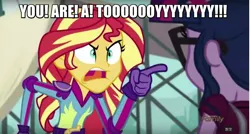 Size: 1280x687 | Tagged: safe, derpibooru import, edit, edited screencap, screencap, sci-twi, sunset shimmer, twilight sparkle, equestria girls, friendship games, caption, image macro, leaning on the fourth wall, meme, sunset yells at twilight, toy story