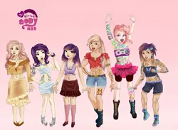 Size: 720x527 | Tagged: applejack, artist:klalaskaxd, belly button, bellyring, derpibooru import, fluttershy, human, humanized, mane six, midriff, piercing, pinkie pie, rainbow dash, rarity, safe, tattoo, twilight sparkle