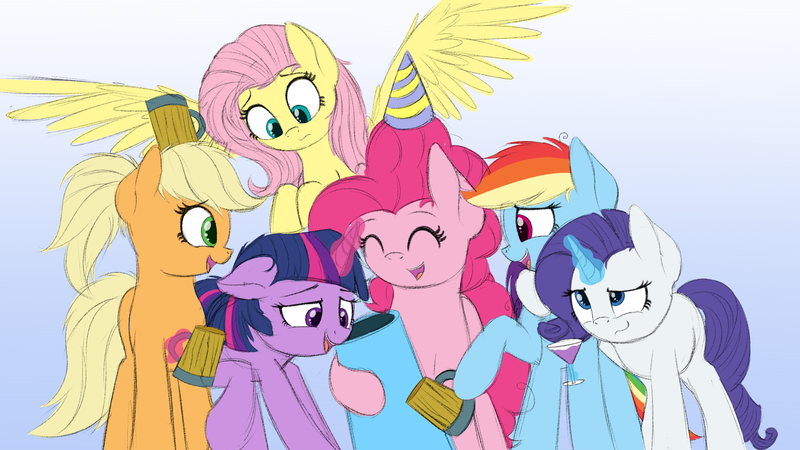 Size: 1920x1080 | Tagged: safe, artist:vanillaghosties, derpibooru import, applejack, fluttershy, pinkie pie, rainbow dash, rarity, twilight sparkle, twilight sparkle (alicorn), alicorn, pony, alcohol, apple cider, drunk, drunk aj, drunk rarity, drunk twilight, drunker dash, drunkershy, drunkie pie, hat, mane six, missing accessory, party cannon, party hat, wine, wine glass