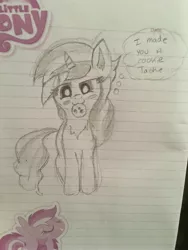 Size: 3024x4032 | Tagged: adorabiscuit, artist:rainbowtashie, best pony, cookie, cookie cutter, cookie suprise, cute, derpibooru import, food, lined paper, mouth hold, pencil drawing, safe, scribbles, sketch, solo, sweet biscuit, thought bubble, traditional art, waifu