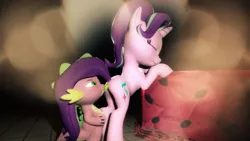 Size: 1024x576 | Tagged: suggestive, artist:lukewop, derpibooru import, spike, starlight glimmer, pony, 3d, aroused, bed, bedroom, bend over, bipedal, butt, eyes closed, fire, fire breath, foalcon, from behind, male, plot, shipping, sparlight, straight, tail wrap