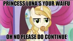 Size: 640x360 | Tagged: caption, cookie, derpibooru import, edit, edited screencap, food, meme, princess luna, safe, screencap, shitposting, solo, sweet biscuit, waifu