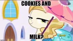 Size: 640x360 | Tagged: safe, derpibooru import, edit, edited screencap, screencap, sweet biscuit, pony, bedroom eyes, caption, cookies and milk, female, innuendo, looking at you, mare, meme, netflix and chill