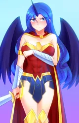 Size: 1280x2000 | Tagged: abs, artist:jonfawkes, big breasts, blushing, breasts, busty princess luna, cape, cleavage, clothes, commission, cosplay, crossover, cute, dc comics, derpibooru import, embarrassed, female, human, humanized, muscles, princess luna, princess muscle moona, solo, solo female, suggestive, superhero, winged humanization, wonder woman