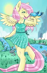 Size: 823x1280 | Tagged: anthro, armpits, artist:acetrel, blue bird, breasts, cleavage, clothes, cute, derpibooru import, dress, eyes closed, female, fluttershy, happy, safe, shyabetes, unguligrade anthro