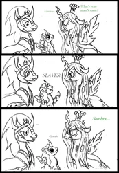 Size: 1556x2246 | Tagged: artist:rossmaniteanzu, chrysombra, comic, derpibooru import, hybrid, interspecies offspring, king sombra, male, mommy chrissy, monochrome, oc, oc:tenebris, offspring, parent:king sombra, parent:queen chrysalis, parents:chrysombra, queen chrysalis, safe, shipping, sketch, straight