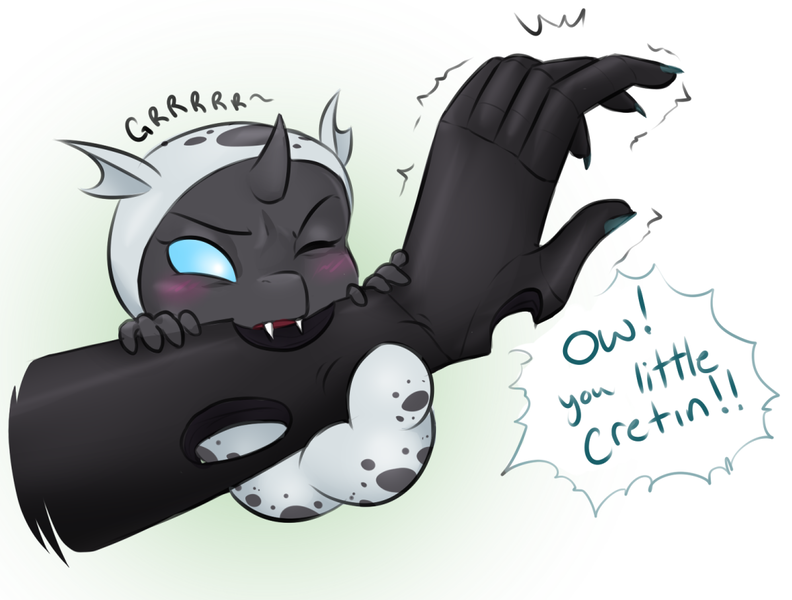 Size: 1159x878 | Tagged: anthro, anthro oc, arm, artist:askbubblelee, baby changeling, biting, blushing, changeling, changeling larva, changeling oc, derpibooru import, dialogue, disembodied hand, fangs, hand, larva, oc, oc:imago, offscreen character, one eye closed, safe, the times they are a changeling, unofficial characters only