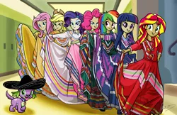 Size: 3620x2348 | Tagged: safe, artist:oinktweetstudios, derpibooru import, applejack, fluttershy, pinkie pie, rainbow dash, rarity, spike, sunset shimmer, twilight sparkle, twilight sparkle (alicorn), dog, equestria girls, bedroom eyes, canterlot high, cinco de mayo, clothes, cowboy hat, dress, group, hat, human coloration, humane five, humane seven, humane six, looking at you, mane six, mexican, open mouth, rainbow dash always dresses in style, signature, sombrero, spike the dog, stetson, tongue out