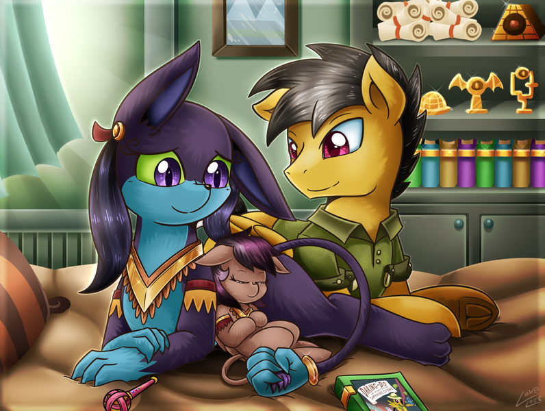 Size: 2000x1508 | Tagged: safe, artist:vavacung, derpibooru import, ahuizotl, daring do, oc, ahuizotl (species), hybrid, pony, comic:treasure hunt, ahuidorable, ahuizota, cute, daring dorable, darizotl, dashing do, dashingzota, foal, interspecies offspring, male, offspring, parent:ahuizotl, parent:daring do, parents:darizotl, rule 63, rule63betes, shipping, stallion, straight, underhoof, vavacung is trying to murder us