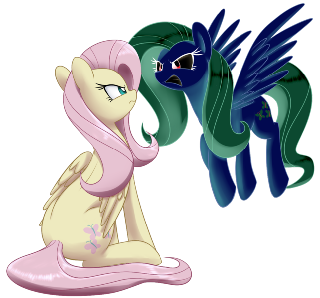 Size: 1280x1192 | Tagged: artist:acersiii, confrontation, derpibooru import, discorded, duality, duo, eye contact, flutterbitch, fluttershy, folded wings, looking at each other, opposite fluttershy, safe, simple background, transparent background