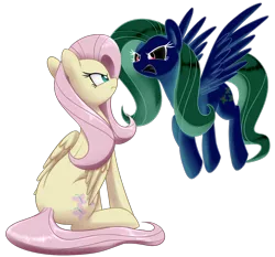 Size: 1280x1192 | Tagged: artist:acersiii, confrontation, derpibooru import, discorded, duality, duo, eye contact, flutterbitch, fluttershy, folded wings, looking at each other, opposite fluttershy, safe, simple background, transparent background