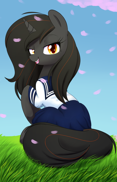 Size: 1229x1920 | Tagged: safe, artist:acersiii, derpibooru import, oc, oc:luminous siren, unofficial characters only, pony, unicorn, cherry blossoms, clothes, female, mare, open mouth, school uniform, solo