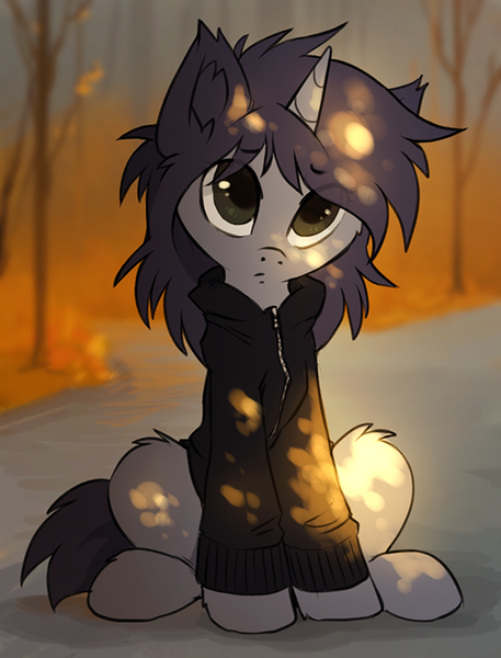 Size: 525x690 | Tagged: safe, artist:hioshiru, derpibooru import, oc, oc:kate, unofficial characters only, pony, autumn, clothes, cute, fluffy, frown, head tilt, looking at you, pouting, sitting, solo