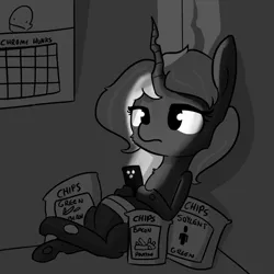 Size: 1280x1280 | Tagged: safe, artist:tjpones, derpibooru import, edit, editor:dsp2003, changeling queen oc, oc, oc:chips, unofficial characters only, changeling, changeling queen, chips, female, food, monochrome, phone, smartphone, soylent green