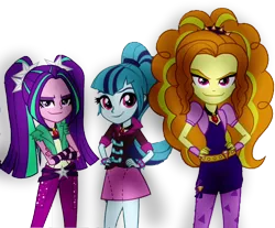 Size: 850x704 | Tagged: safe, artist:theodrawsforyou, derpibooru import, adagio dazzle, aria blaze, sonata dusk, equestria girls, bracelet, clothes, fingerless gloves, gloves, group, hand on hip, jewelry, looking at you, necklace, pants, pendant, pigtails, ponytail, skirt, spiked wristband, the dazzlings, trio, twintails