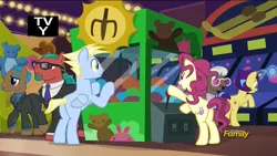 Size: 1920x1080 | Tagged: safe, derpibooru import, screencap, lightning riff, lock heart, penn jillette, rosy pearl, teller, pony, viva las pegasus, crane game, las pegasus resident, penn and teller, skeeball