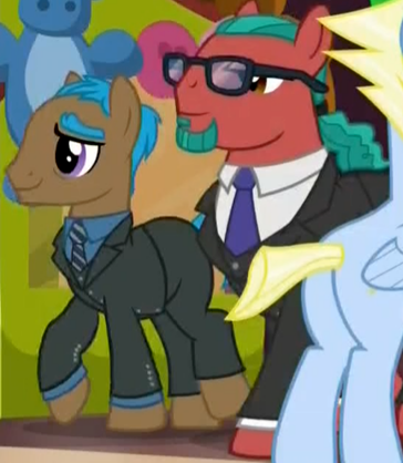 Size: 364x418 | Tagged: safe, derpibooru import, screencap, penn jillette, teller, pony, viva las pegasus, background pony, butt, clothes, facial hair, glasses, necktie, pants, penn and teller, plot, ponytail, shirt, suit