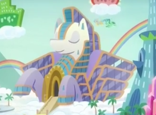 Size: 523x386 | Tagged: safe, derpibooru import, screencap, building pony, pegasus, pony, sphinx, viva las pegasus, background, building, city, las pegasus, luxor casino, silver sphinx, solo