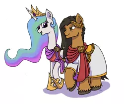 Size: 800x669 | Tagged: safe, artist:sensko, derpibooru import, princess celestia, ponified, pony, clothes, crossover, crown, duo, emprahlestia, ethereal mane, female, god-emperor of mankind, heresy, hoof shoes, jewelry, laurel wreath, long mane, male, mare, regalia, robes, shipping, simple background, stallion, warhammer (game), warhammer 40k, white background