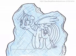 Size: 1024x754 | Tagged: safe, artist:artistnjc, deleted from derpibooru, derpibooru import, twilight sparkle, twilight sparkle (alicorn), alicorn, pony, cross-eyed, frozen, ice, newbie artist training grounds, simple background, solo, spread wings, traditional art, wings