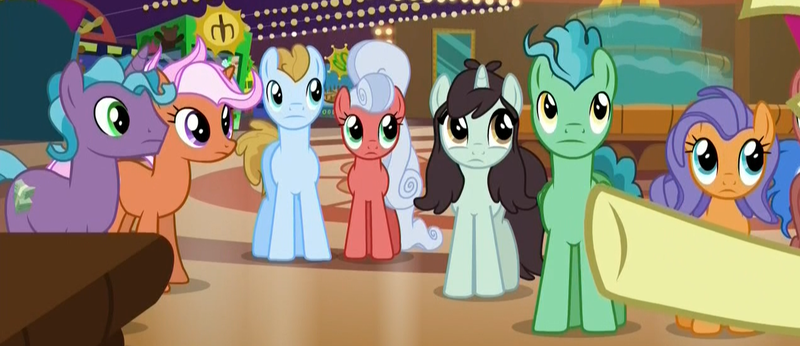 Size: 1271x549 | Tagged: safe, derpibooru import, screencap, fast break, fat stacks, fiery fricket, final countdown, flim, frying pan (character), opulence, silver waves, sprout greenhoof, earth pony, pegasus, pony, unicorn, viva las pegasus, background pony, basketball, female, las pegasus resident, male, mare, shopping bags, stallion, underhoof