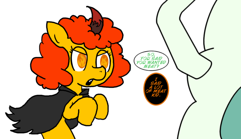 Size: 1040x600 | Tagged: suggestive, artist:ficficponyfic, derpibooru import, oc, oc:emerald jewel, oc:pipadeaxkor, unofficial characters only, demon, demon pony, earth pony, pony, colt quest, color, cute, disguise, evil, fangs, female, female focus, fire, floating, frown, glare, horn, illusion, implied foalcon, implied nudity, implied sex, monochrome, small penis humiliation, solo focus, unhappy