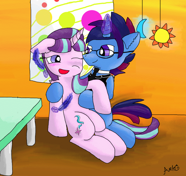 Size: 1100x1040 | Tagged: safe, artist:alexdarkcats-newhome, derpibooru import, starlight glimmer, oc, oc:marquis majordome, blushing, canon x oc, cute, feather, fetish, glasses, hug, necktie, one eye closed, request, shipping, stardome, table, tickle fetish, tickling