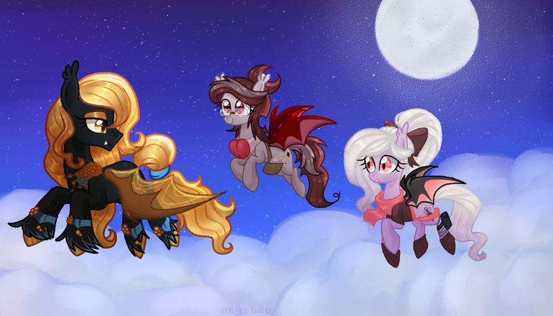 Size: 1024x585 | Tagged: safe, artist:kaikururu, derpibooru import, oc, oc:regina liliac, oc:scarlet quill, oc:violet thorn, unofficial characters only, bat pony, pony, cloud, fangs, flying, full moon, jewelry, kunai, kunoichi, looking back, moon, night, night sky, regalia, saddle bag, scroll, slit eyes, smiling, starry night, stars, trio