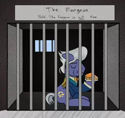 Size: 1000x944 | Tagged: artist:mightyshockwave, cage, clothes, deep fried peanut butter and banana sandwich, derpibooru import, dungeon, eating, food, gladmane, jail, prison, sad, safe, sandwich, solo, tuxedo, viva las pegasus