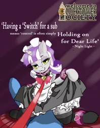 Size: 503x639 | Tagged: artist:manifest harmony, bdsm, bedroom eyes, clothes, collar, derpibooru import, dominant pov, fanfic:clocktower society, femsub, first person view, good clean married sex, leash, maid, male, male pov, married, married couple, night light, nightvelvet, offscreen character, pov, sex, shipping, skirt, skirt lift, socks, stockings, straight, submissive, suggestive, thigh highs, twilight velvet, zettai ryouiki